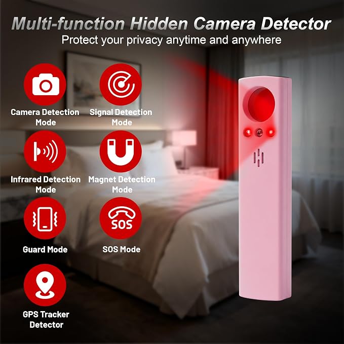 Hidden Camera Detector, 6-in-1 Anti-Spy Camera Finder w/LED Screen, GPS Tracker & Bug Detector, Portable RF Signal Scanner, Privacy Protection for Travel, Office, Hotel, Car (Pink)