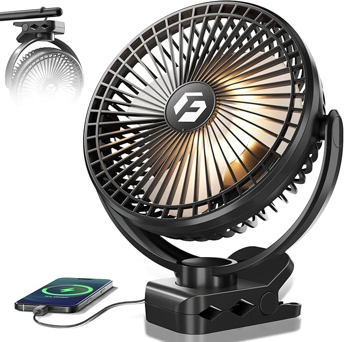 FRIZCOL 20000mAh 8 Inch Portable Clip On Fan,Battery Operated Golf Cart Fan with Lights, USB Fans Small Desk Fans Personal Quiet Fans for Office Stroller Bedroom and Camping