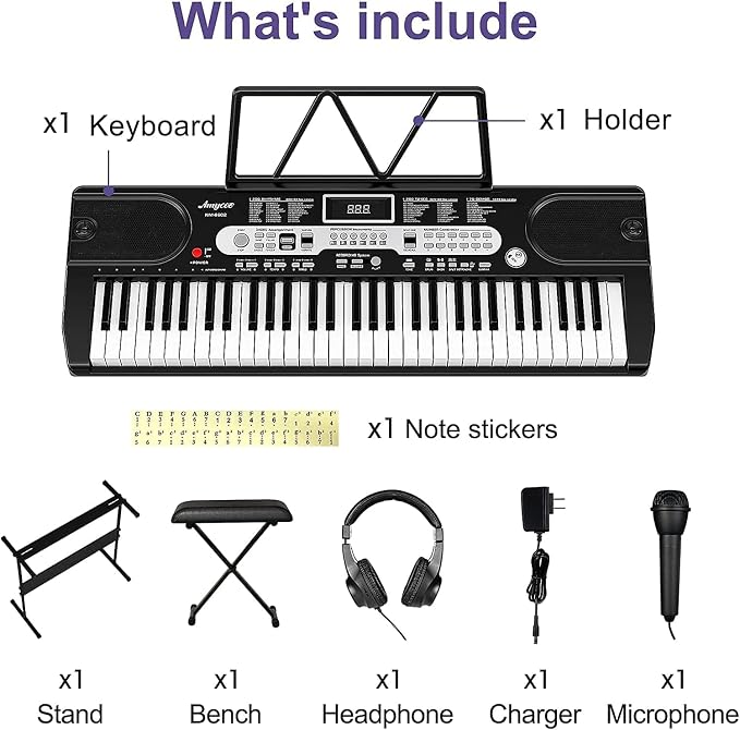 61 Keys Piano Keyboard Compact Folding Portable Digital Piano Set for Beginners with Microphone, Headphones, Black and White