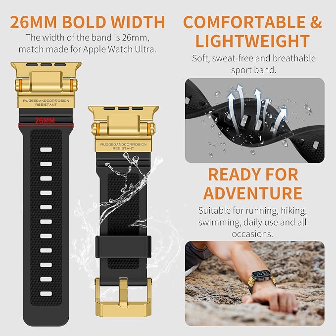 FOAMUNOC Rugged Band Compatible with Apple Watch Ultra 3/2/1 Band 49mm/46mm/45mm/44mm/42mm, Metal Connector with Silicone Strap for iWatch Ultra Series 11/10/9/8/7/6/SE3/SE2/SE/5/4/3/2/1, Gold Black