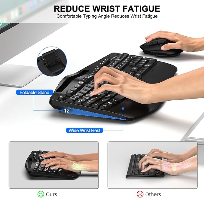 Wireless Keyboard and Mouse Combo, 2.4G Full Size Wave Keys Ergonomic Keyboard with Wrist Rest, Phone Holder, 3-Level DPI Adjustable Wireless Ergonomic Mouse for Windows, Mac Desktop/Laptop/PC(Black)