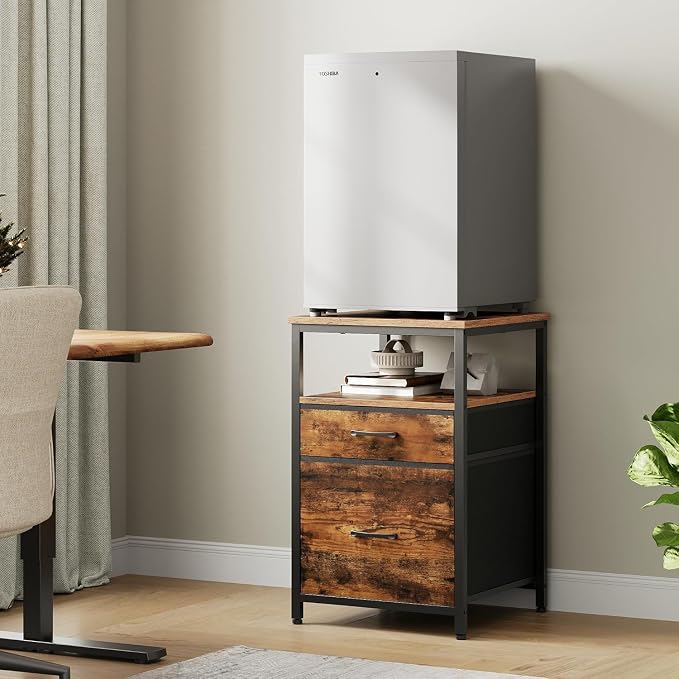 Herture Mini Fridge Stand with 3 Storage, Mini Fridge Cabinet, Beverage Fridge Table, Heavy Duty 18.11" L* 18.11" W Tabletop, for Dorm, Apartment,Office, Bedroom Rustic Brown HB03BXN