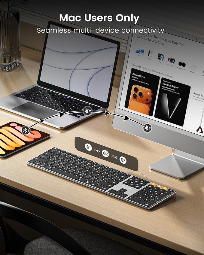 ProtoArc Backlit Wireless Keyboard for Mac - K110-A Aluminum Bluetooth Keyboard for Mac, Adjustable Feet, Multi-Device, Ultra Slim Full Size Rechargeable, for MacBook Pro/Air, iMac - Space Gray