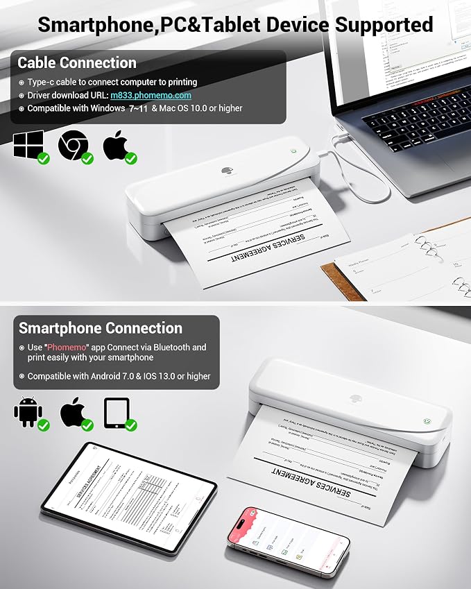 Phomemo Portable Inkless Wireless Printers for Travel, M833 Upgrade Bluetooth Thermal Printer with A4 Thermal Papers Sheet, Size 8.27"x11.69", 200 Sheets