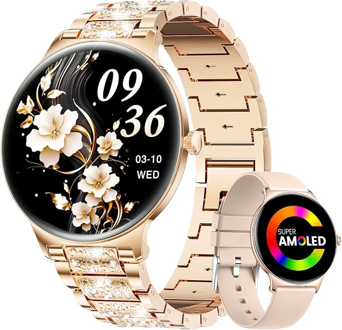 LIGE Ultra-Thin Smart Watch for Women,1.43" Always-on Display Smart Watch with Bluetooth Call,Health Tracker 100+ Sports Modes, Mutifuction Women Smartwatch for Android iOS 2 Straps(Gold)
