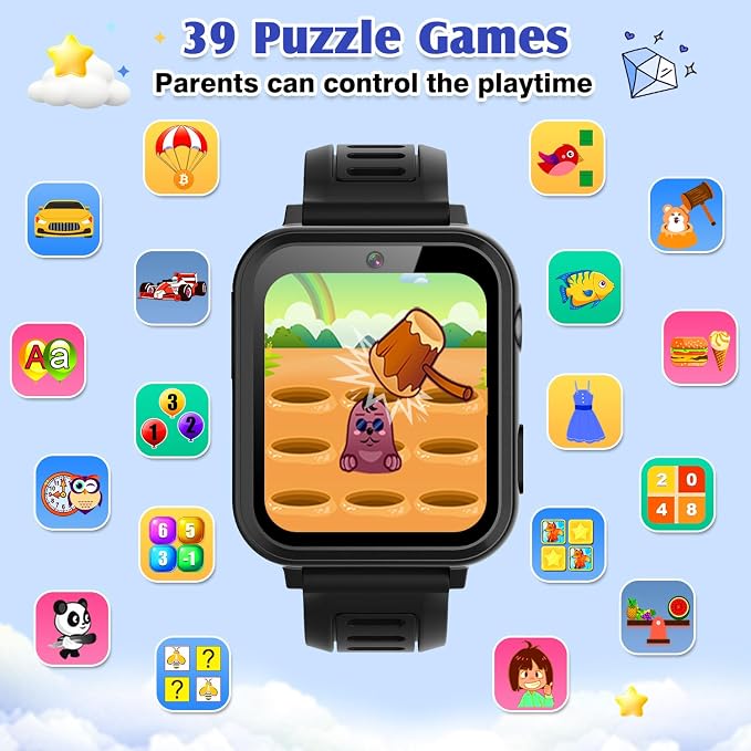 Smart Watch for Kids with 39 Games,Camera,Video,Music Player,Recorder,Alarm,Pedometer,Flashlight,Stopwatch,HD Touch Screen,Borthday Gift Toy for Boys Ages 3-12(Black)