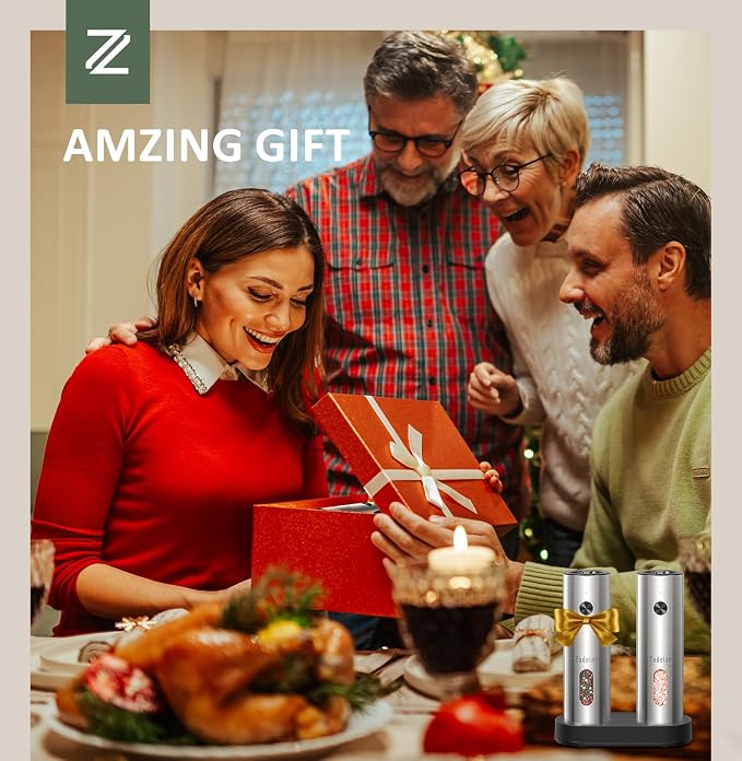 Zadelar Rechargeable Electric Salt and Pepper Grinder Set with USB-C Charging Base, Stainless Steel Automatic Salt and Pepper Shakers, Adjustable Coarseness, LED Light, Large Capacity, Kitchen Gift