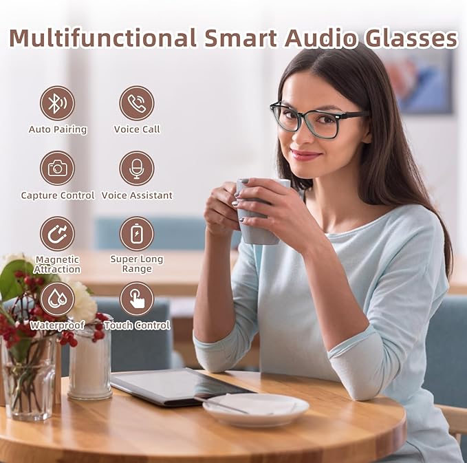 Smart Bluetooth Glasses for Men & Women, Magnetic Lenses 3-in-1(Blue Light Blocking/UV400/Night Vision), Auto On/Off, Call/Music, IP65 Waterproof, Wireless Audio Stylish Eyewear for Driving/Working