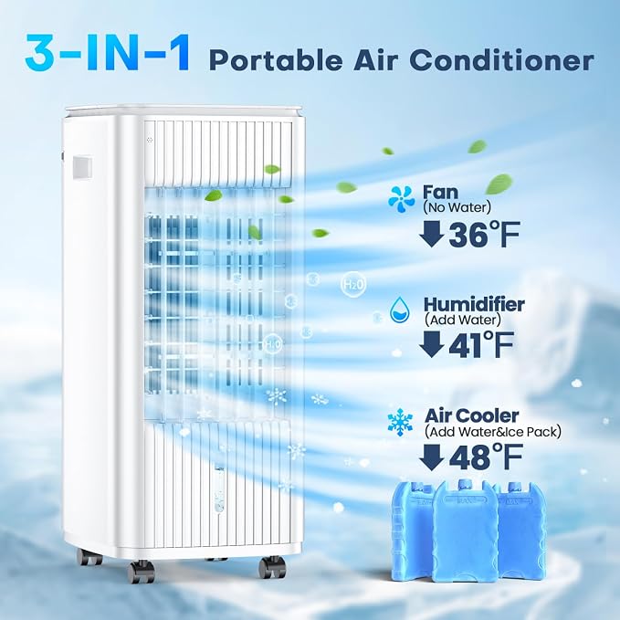 Evaporative Air Cooler, 25 Inch Swamp Cooler Air Conditioner w/Double Tanks, 7H Timer, 16ft Remote, 3 Ice Packs, 70° Oscillation, 3 Speeds & 2 Modes, 60W Portable Windowless Air Conditioner