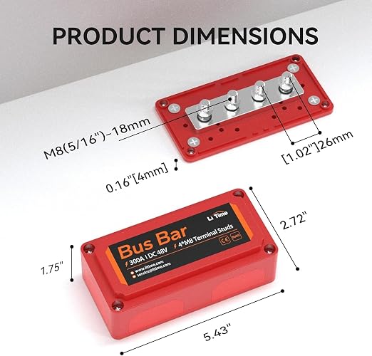 Litime 300A Bus Bar 2 Pack, Power Distribution Block with 4*M8 Terminal Posts, Max. DC 48V for Automotive, Marine, Solar Applications and Electrical System, Red+Black