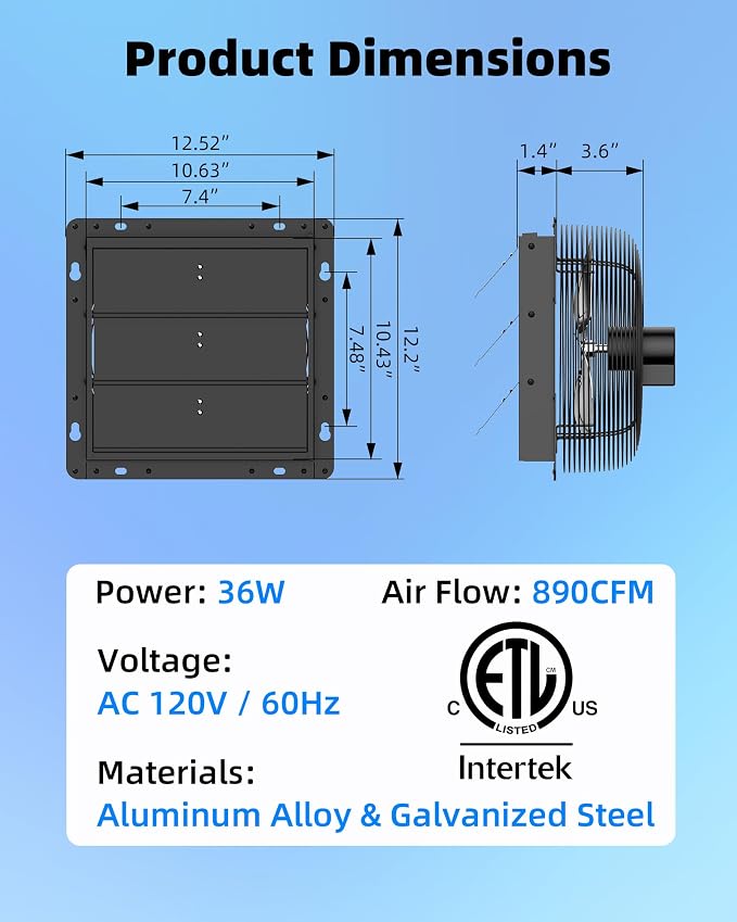 10 Inch Upgraded Shutter Exhaust Fan with Thermostat & Remote Control, Automatic On/Off by Temperature, 890 CFM Wall Mounted Garage Fan for Attic, Greenhouses, Sheds, Chicken Coops & Shops