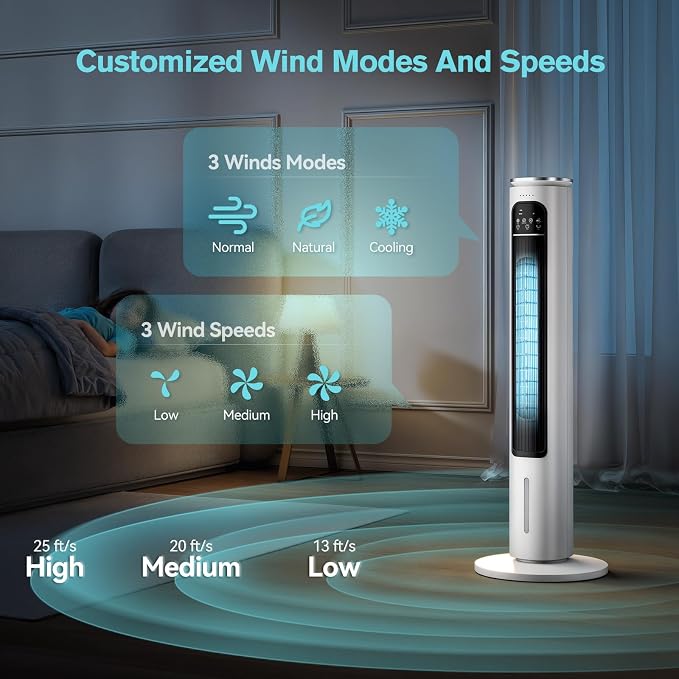 Windowless Portable Air Conditioners, 37’’ Cooling Tower Fan, Evaporative Air Cooler w/Remote, 2.5L Water Tank & Ice Packs, 12H Auto-off, 70° Oscillating, Ultra-Quiet Standing Fan For HomeOffice