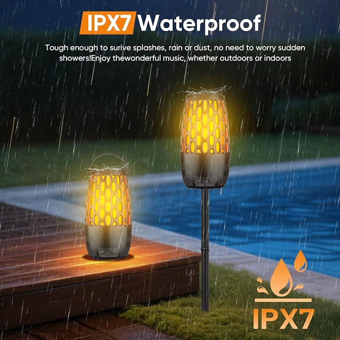 Outdoor Speakers, Portable Wireless Speaker with Flame Lights, Multi-Sync up to 100 Speakers Auto-Pairing HD Stereo Sound Waterproof, Hook for Patio Yard Porch, Gifts for Men Women