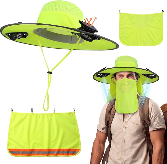 Sun Hat with Fan for Women Men Wide Brim Fishing Solar Hat with Face Cover Neck Flap Reflective with Dual Power