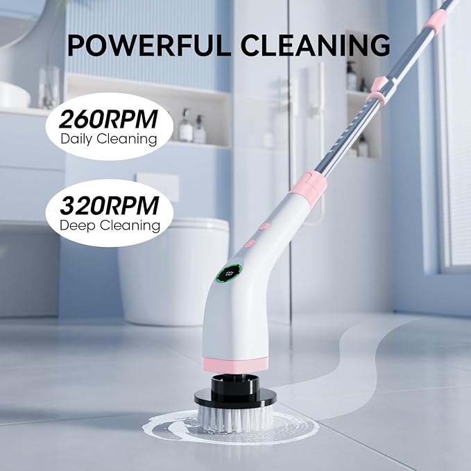 Electric Bathroom Cleaning Brush, Cordless Spin Scrubber Full Body Waterproof IPX7 with Adjustable Handle, 8 Replaceable Brush Heads for Bathtub/Kitchen/Window/Home -SD-CTB01
