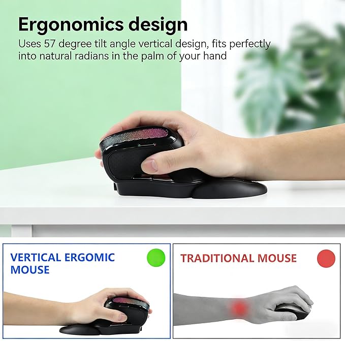 Ergonomic mouse, Wireless Vertical mouse, RGB Light ,Human Engineering, Gaming, 6 buttons, 2.4G ,800/1200/1600/3200 DPI, rechargeable, Mute, Detachable hand pads, Mac/Windows/IOS/ PC Compatible