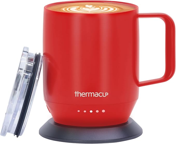THERMACUP Premium Self Heating Coffee Mug, Temperature Controlled Heated Cup, Long Battery Life, Portable Electric Mug Warmer, Stainless Steel, Gift for Coffee Lovers, Home & Office (Cherry Red)