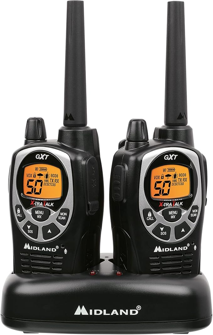 Midland GXT1000VP4 GMRS Two-Way Radio (50 Channel, Long Range, 142 Privacy Codes, SOS, NOAA, Rechargeable Nickel Battery, Black/Silver 2-Pack)