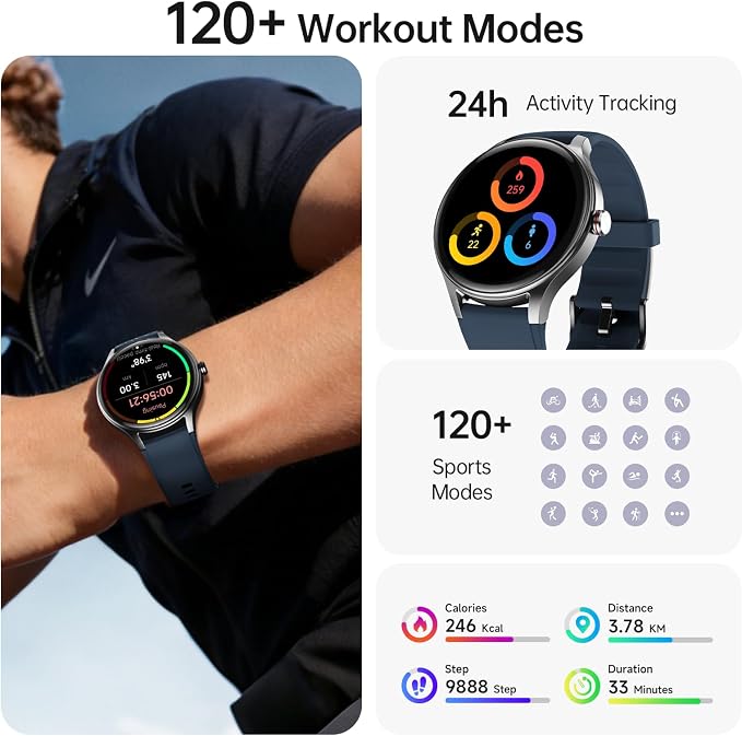 Woneligo Smart Watch,1.57inch AMOLED Touchscreen Fitness Watch for iPhone & Android,Heart Rate/Sp02/Sleep Monitor,110+ Sport Modes IP68 Waterproof Bluetooth Calls(Blue, 1.57)
