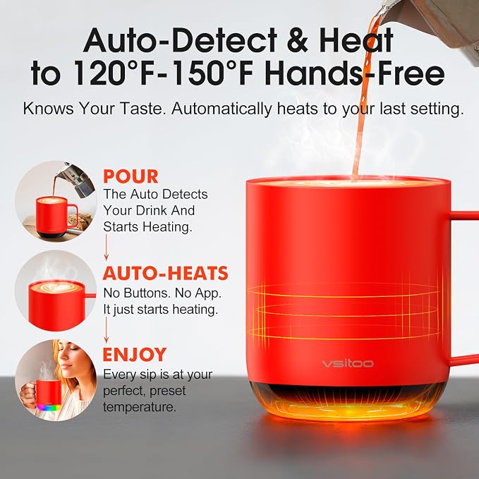 Vsitoo S6 Plus 12oz Smart Self Heating Coffee Mug, AI Auto-Sensing Heated Espresso Mug Temp Control 120-150℉, Rechargeable Mug Warmer with Music LED, IPX7 Gift for Women Men-Red