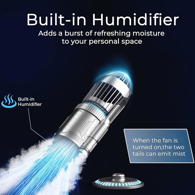 Rocket Desk Fan with Mist Humidifier, 5000mAh Portable Cordless Table Fan, RGB Gaming Room Decor, 180° Auto-Oscillating & Tilt, Quiet Personal Cooling for Office, Bedroom & Gifting (Silver)