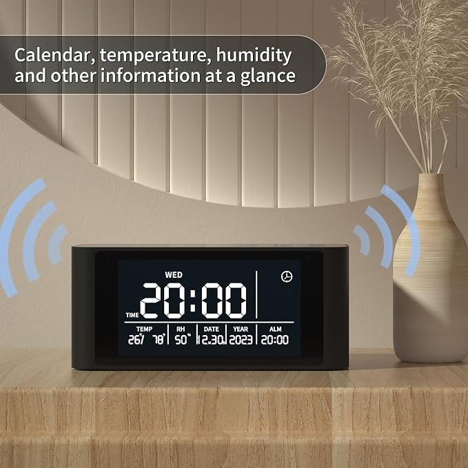 Bluetooth Speaker with Digital Alarm Clock, Wireless Charger, FM Clock Radio,Super Loudspeaker,Dimmable LED Display for Bedroom,Home, Adaptor