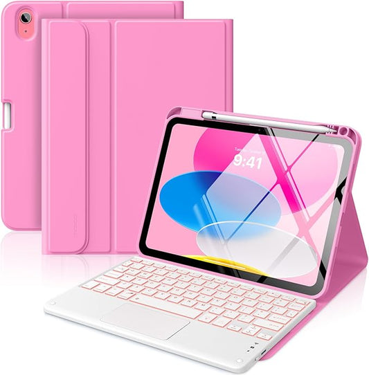 MoKo Touch Keyboard Case for iPad (A16) 11th Generation 11 inch 2025, iPad 10th Generation 10.9 inch Case with Pencil Holder, 7 Colors Backlit Multi-TrackPad Detachable Bluetooth Keyboard, Peony