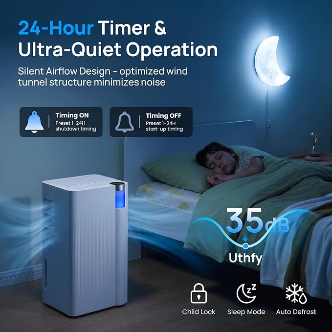 Uthfy 3000 Sq. Ft Dehumidifier for Basement, Max 38 Pint/Day Dehumidifier for Home with Drain Hose, 24H On/Off Timer, 3 Color Ambient Light, Child Lock,Auto Deforest, Quiet for Bedroom,Bathroom,Office
