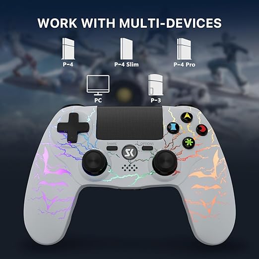 Kujian Wireless Controller for PS4 with RGB, Gaming Remote for PS4 with1000mAh Battery/Dual Shock/6-Axis Gyro/3.5mm Audio Jack/Speaker, Gaming Controller for Playstation 4/PS3(White)