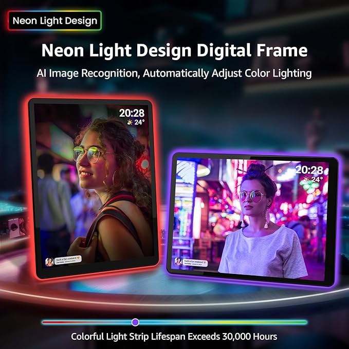 Apolosign 10" Neon Light Digital Frame, 2K Resolution, The Best Digital Picture Frame for Gifting | with 2.5D Glass IPS Touchscreen, WiFi, 32GB Storage, Warm Ambient & Auto Color Transformation LED