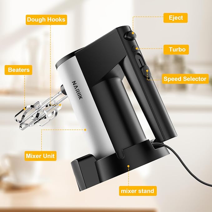 Electric Hand Mixer, Kitchen Handheld Mixer, Turbo Boost/Self-Control Speed + 5 Speed + Eject Button + Stainless Steel Hand Beaters*2 & Dough Hooks*2, Kitchen Mixer for Cream/Cookies/Dough