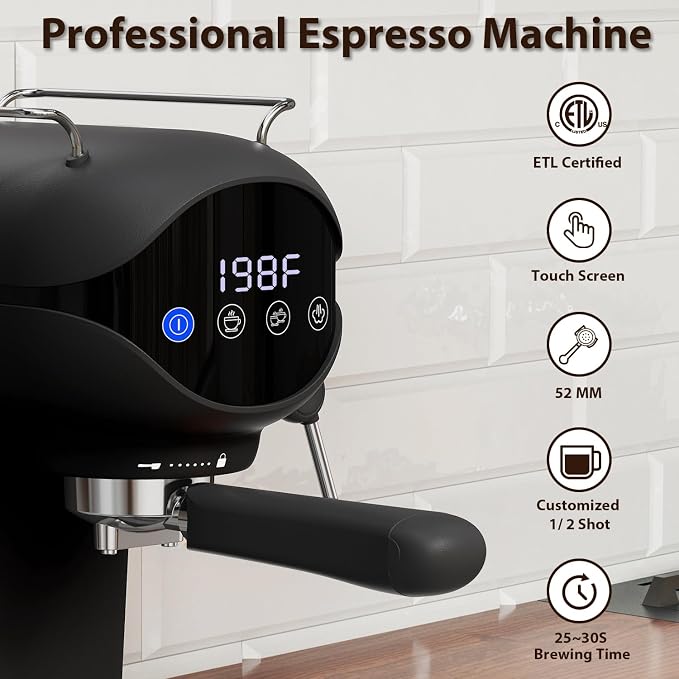 Espresso Machine with Steam Milk Frother Semi Automatic 20 Bar Compact Black with Touch Screen for home Cafetera Espresso, Latte, Cappuccino, Americano, Macchiato