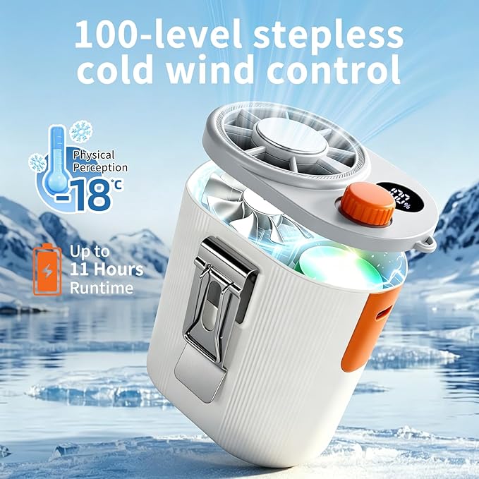 Wupsao Personal Portable Waist Fan with LED Display, Cool Clip Fan, Wearable with Ice-Cooling Plate, 8.2m/s Strong Wind 100-Speed Neck Fan, 4000mAh Body Cooling Products,(white)