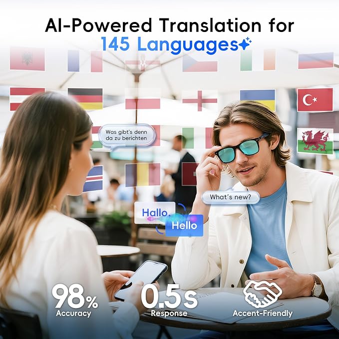 AI Glasses for Men & Women, Smart Glasses Powered by ChatGPT, AI Real-time Translation with 145 languages, 11H Music Play, Bluetooth Sunglasses with Polarized Lens, UV Protection for Daily Use, Travel