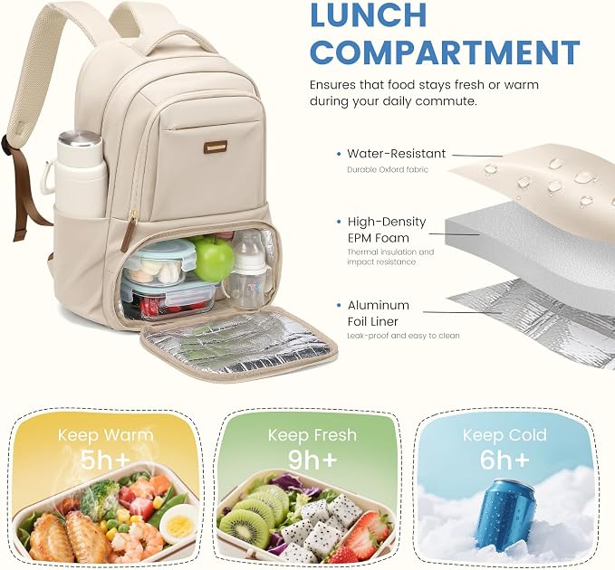 GOLF SUPAGS Lunch Backpack 16 Inch Laptop Backpack with Insulated Cooler Lunch Box Food Bag for College Work Camping Picnics (Apricot)