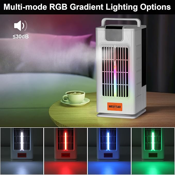 WESTTREE 2000ML Misting Tower Fan Air Conditioner Fan,3 Level Humidify & 4 Speeds, 7 RGB Color Night Lights,Desk Portable Air Conditioners for Bedroom Home Misting Fan F10 white-FU