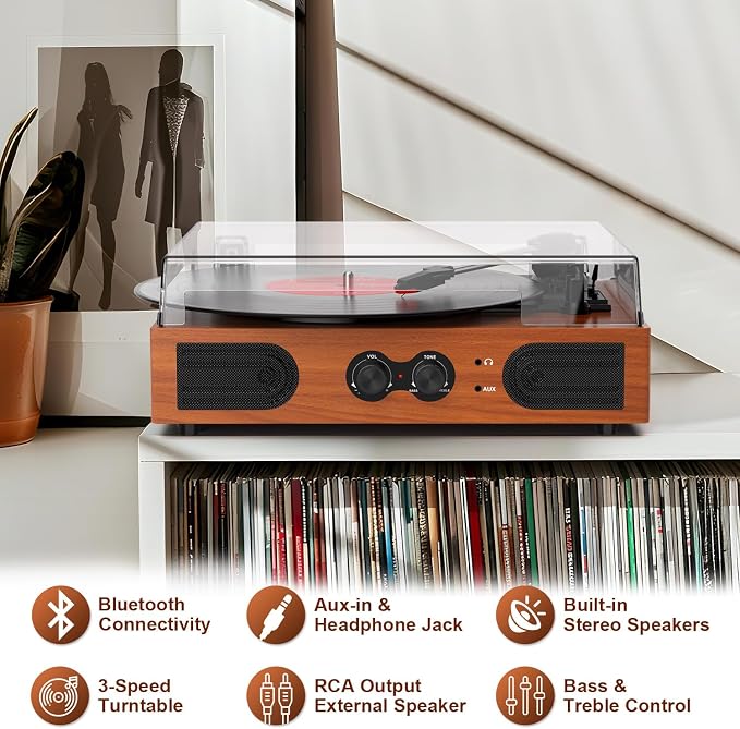 Vinyl Record Player with Built-in Stereo Speakers, 3-Speed Belt-Drive Turntable, Treble & Bass Control, RCA-Out/AUX-in, Headphone Jack Vintage LP Player, Red Wood