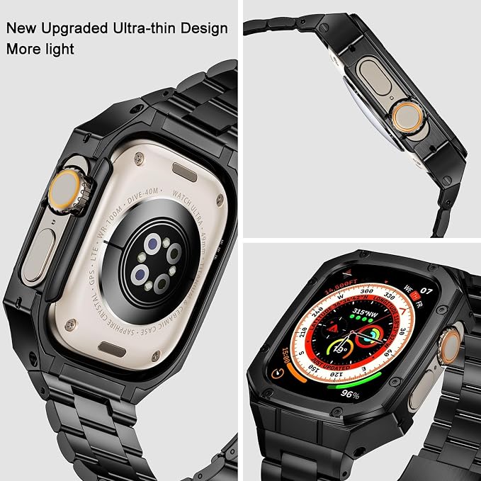 BAITEYOU Stainless Steel Watch Band with Case Compatible with Apple Watch band Ultra 3 2 1 49mm, Rugged Strap with Metal Protective Bumper Cover for iWatch Bands Men (Black)