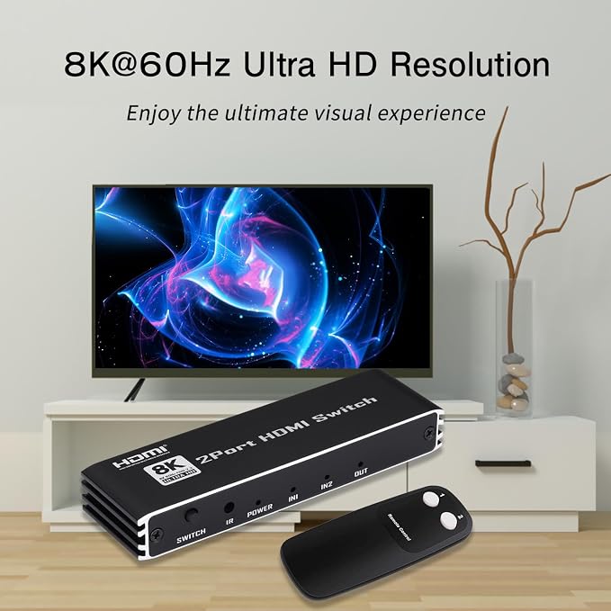 Enbuer 8K HDMI 2.1 Switch, HDMI 2.1 Switcher 2 in 1 Out, Supports 8K@60Hz, 4K@144Hz, 4K@120Hz, 1080P@240Hz, HDCP 2.3, HDR, 3D, Dolby Compatible with PS5 Xbox Blu-Ray Player etc