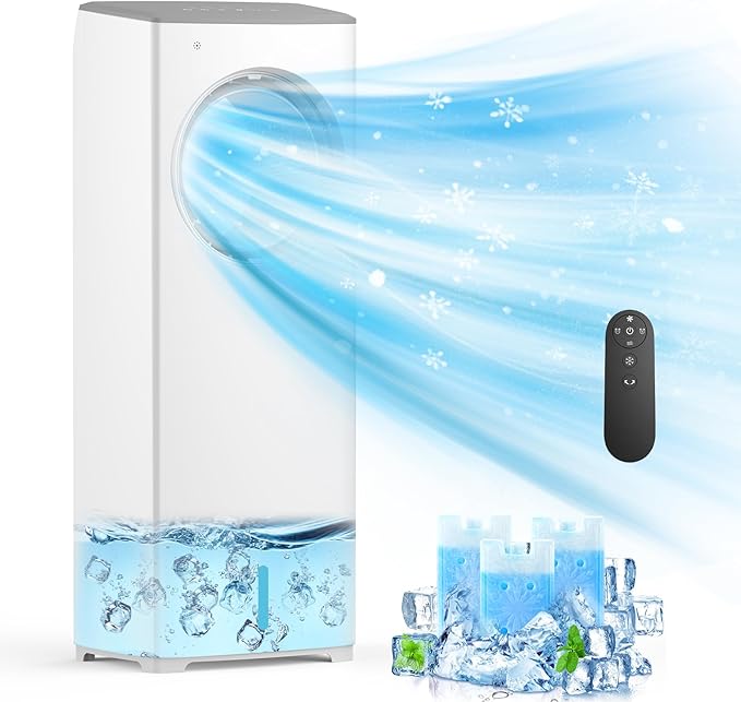 Evaporative Air Cooler,3-IN-1 Swamp Cooler 24ft/s,Portable Air Conditioners Windowless w/Remote,15H Timer,80°Oscillation,Water Tank,3 Ice Packs,Ac Cooling Fan for Indoor Room Bedroom White