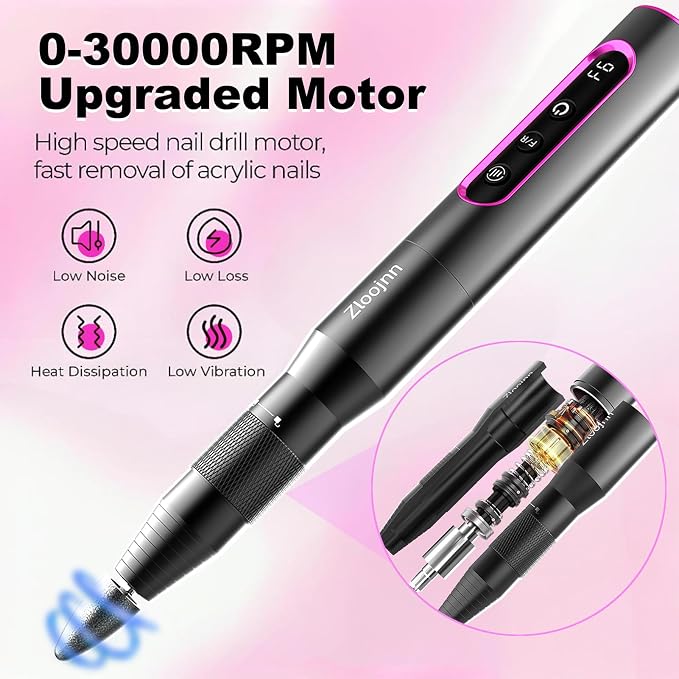 Professional Cordless Nail Drill Kit,Alloy Electric Nail File for Acrylic Nails Gel Polishing Callus Remover,30,000RPM with LED Display Rechargeable Quiet Manicure Pedicure Kit for DIY,Home Salon Use