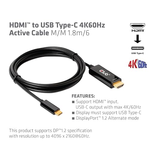 Club 3D 4K 60Hz HDMI to USB Type C Video Cable HDMI 2.0 (Male) to USB Type C (Male) Active Monitor Converter 1.8m/6 Feet CAC-1334