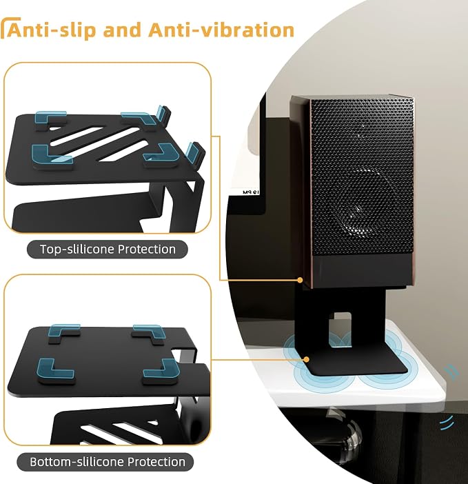 Desktop Speaker Stands, Metal Bookshelf Speaker Stands with Vibration Absorption Pads, Studio Monitor Stand Support 30lbs, 7° Incline Computer Speaker Stand, Better Audio Experience, Black