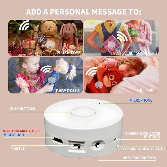 XLW Voice Recorder, 195 Seconds Message Voice Recording, Record Custom Messages for Plush Toys, Stuffed Animals, Baby Dolls, Pillows, USB Rechargeable, Easy to Use