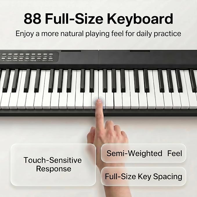 88 Key Folding Digital Piano Keyboard, Semi-Weighted Full Size Touch Sensitive Light-Up Keys, Portable Piano with Bluetooth, MIDI, 150 Demo Songs, 1000 Tones/Rhythms for Beginners and Adults
