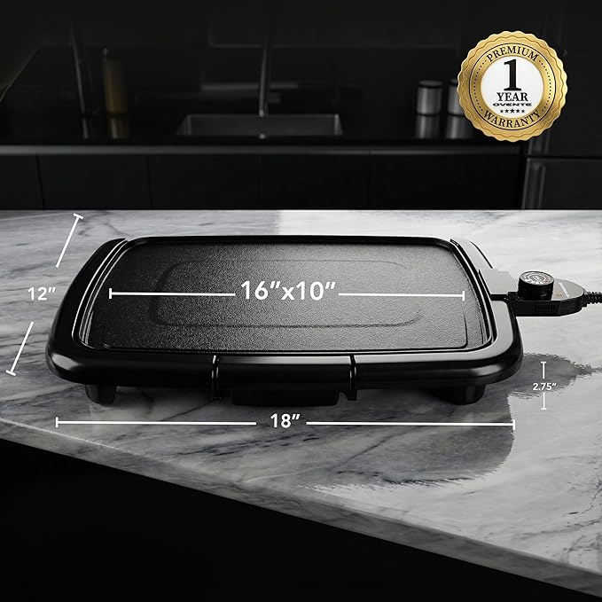 OVENTE Electric Griddle with 16 x 10 Inch Flat Non-Stick Cooking Surface, Removable and Adjustable Temperature Control, Indoor Grill for Instant Breakfast, Pancakes, Eggs or Burgers, Black GD1610B