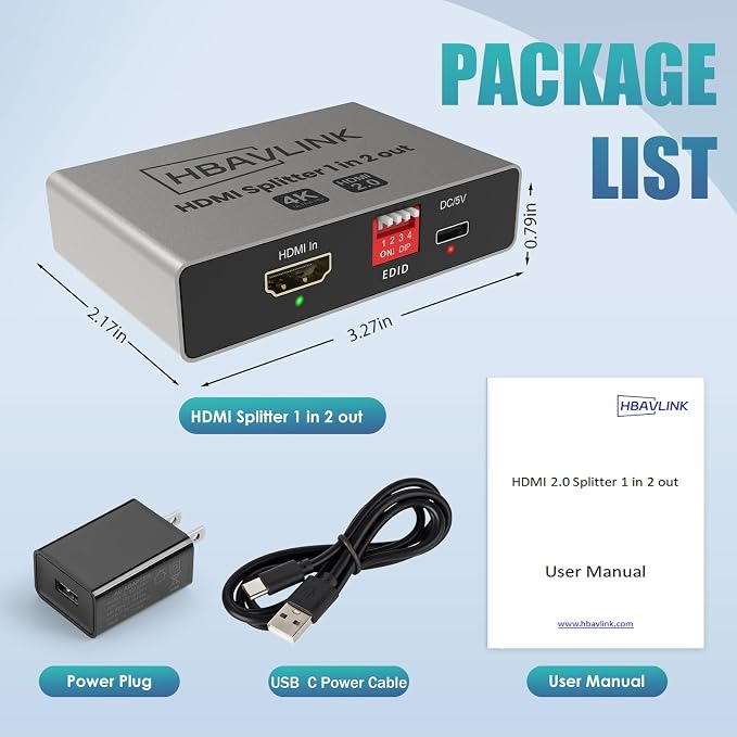 HDMI Splitter 1 in 2 Out 4K 60Hz - EDID Clone, HDCP2.2, HDR, Dolby Atmos, Dolby Vision - Compatible with Firestick 4k Max, PS3/PS5 & Elgato HD60s/x/Pro, Apple TV 4K, Retrotink, Roku Stick