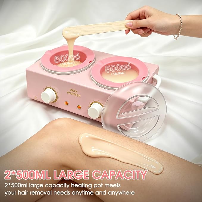Wax Warmer for Hair Removal, Dual Pot Wax Melter Machine with Silicone Bowls & 20 Wooden Sticks, Adjustable Temperature Pink Wax Heater for Home Spa & Salon Use