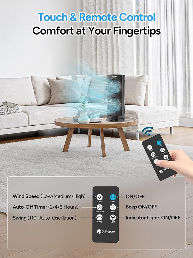 DR.PREPARE Desk Fan USB DC Tower Cooling Fan with Remote Control, DC Motor Portable Oscillating Fan, 3 Speeds, Dual Air Circulation, 110° Oscillation, Table Fan for Bedroom Dorm Room Office Desktop
