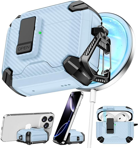 Pohgelan Compatible with AirPods 4 Case,Magnetic Automatic Lock with Phone Stand & Cleaning Kit,Compatible with Magsafe,Carbon Fiber Texture Cover -Light Blue